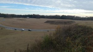 Moundville Archaeological Park. Large open field with several flat topped, ceremonial Inidan mounds.