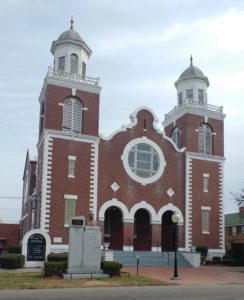 Brown Chapel AME Church Selma, Alabama. Brick church with white trim, and matching cupula.