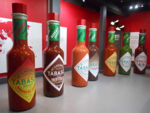 Tabasco Museum and Factory Tour Avery Island Louisiana. Seven ten foot tall bottles of Tabasco Sauce.