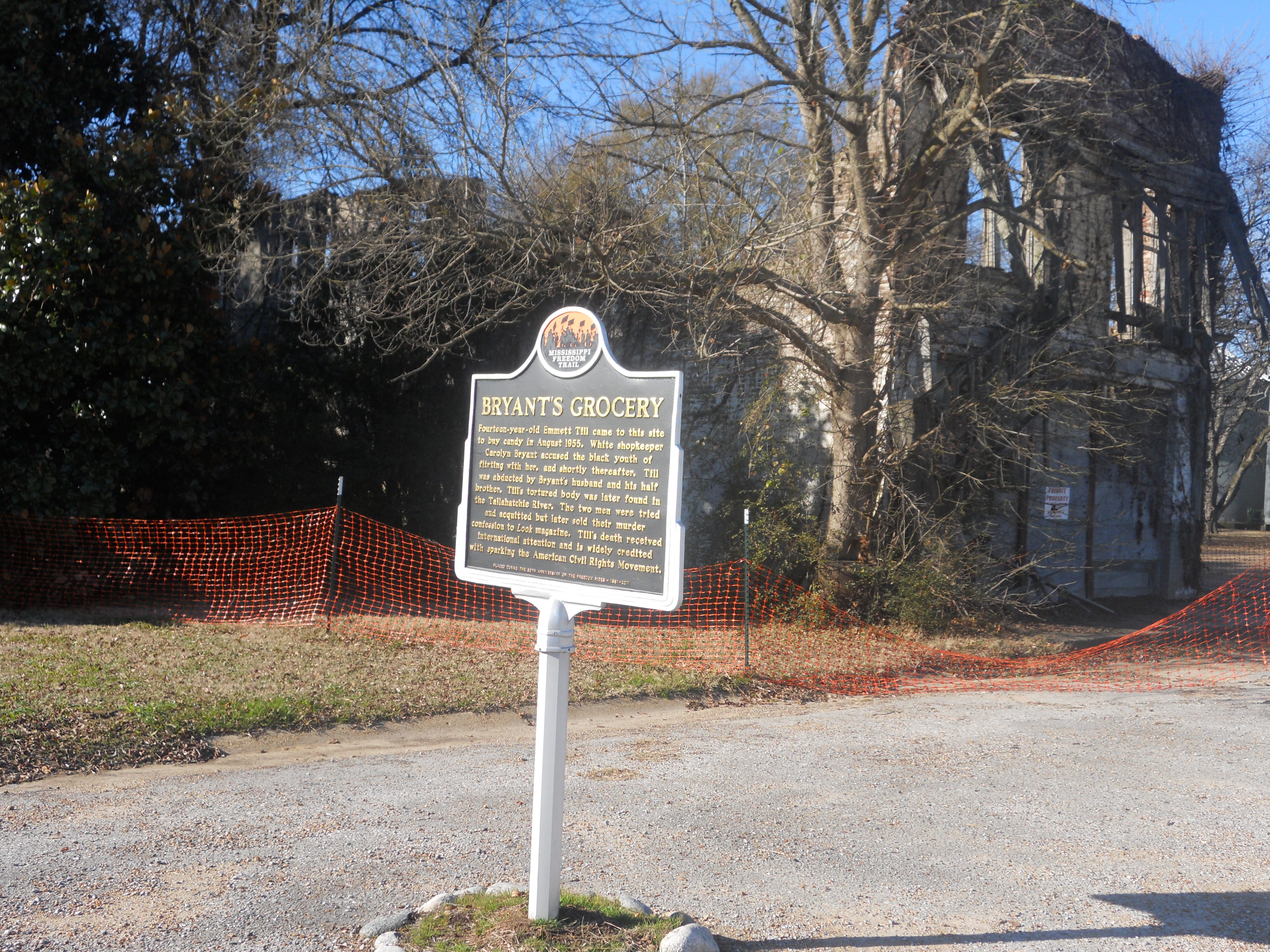 Bryants Grocery. Money, Mississippi. Historical marker in front of falling down building