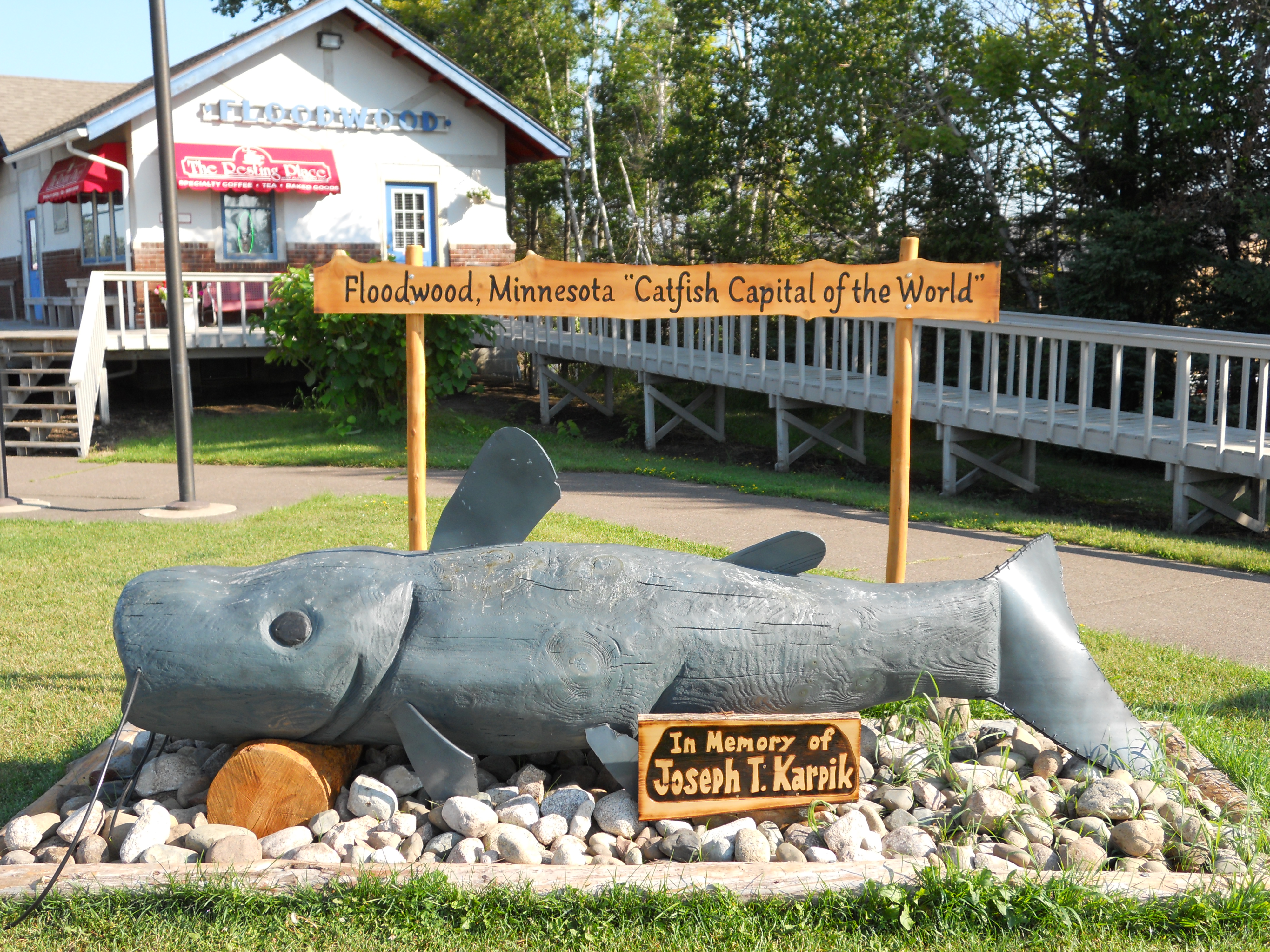 "Catfish Capital of the World" Floodwood, Minnesota. Catfish statue welcoming visitors to town.