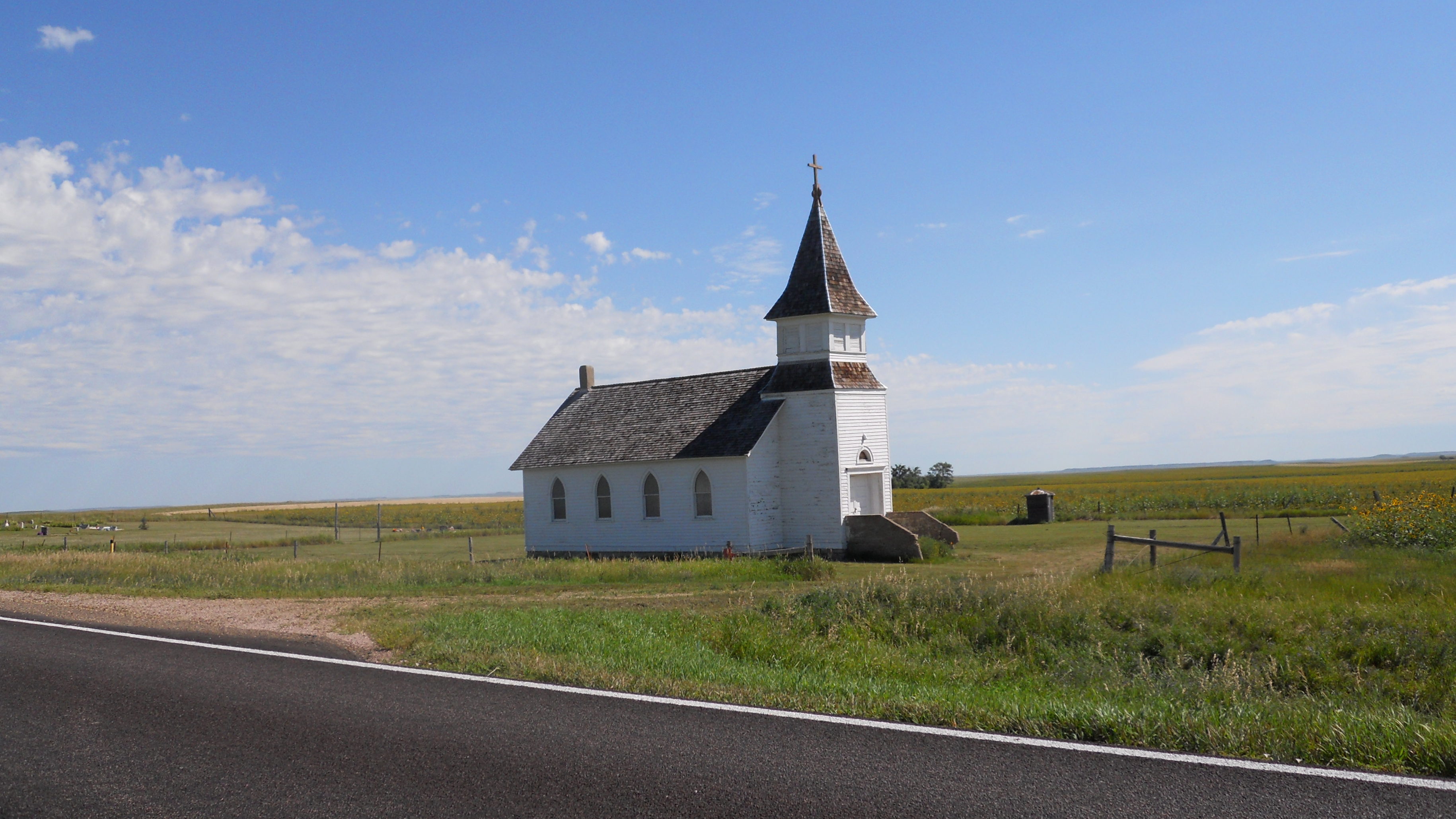 old, white painted Church in South Dakota Countryside along Route 79